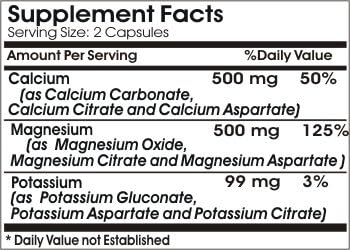 Calcium 500mg Magnesium 500mg and Potassium 99mg // 200 Capsules // Pure // by PureControl Supplements