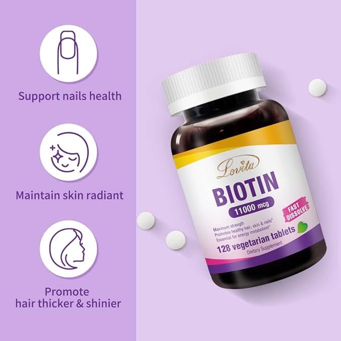 LOVITA Maximum Strength 11000mcg Biotin: Fast-Dissolving Vegetarian Tablets - Easily Absorbed Gluten &amp Dairy-Free 128 Vegan-Friendly Tablets (Pack of 3)