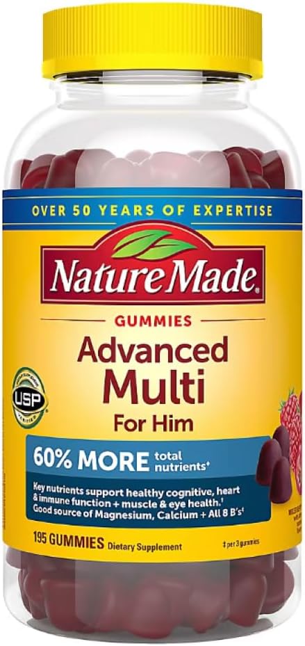 Nature Made - Advanced Multi Gummies Supplement for Him with Magnesium and Calcium - Mixed Berry Flavor 195 CT Plus Bonus 2 Sugar Free White Peach Hydration Sticks