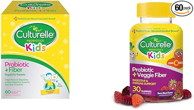 Culturelle Kids Probiotic + Fiber Packets (Ages 3+) - 60 Count &amp Daily Probiotic for Kids + Veggie Fiber Gummies (Ages 3+) - 30 Count - Digestive Health &amp Immune Support Berry Flavor with a Vi