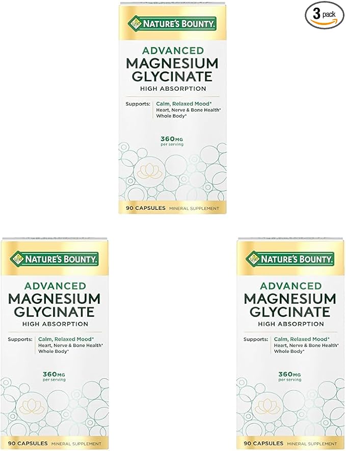 Nature's Bounty Calm Magnesium Glycinate Supplement - High Absorption Magnesium for Relaxed Mood Heart &amp Bone Health 90 Capsules (Pack of 3)
