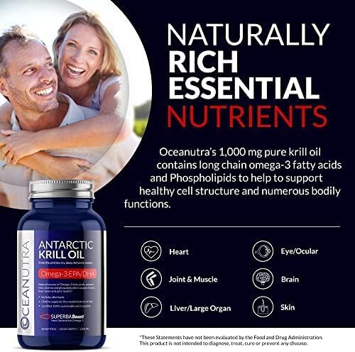 100% Pure Krill Oil 1000mg Omega 3 Highest Concentration 56% Phospholipids Choline &amp Astaxanthin Sustainable Antarctic SuperbaBoost DHA EPA Heart Brain Eye &amp Skin Care No Fish Oil
