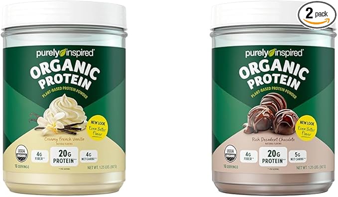 Purely Inspired Organic Protein Powder Bundle - Creamy French Vanilla (16 Servings) &amp Rich Decadent Chocolate (16 Servings) - 20g Plant-Based Protein