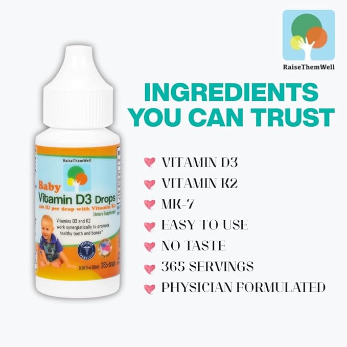 Raise Them Well- Vitamin D and K Drops for Bone and Teeth Health 365 Servings 0.36 fl/oz