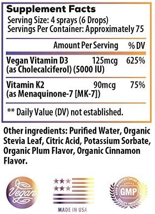 Ideal Infusion Vegan Vitamin D3 5000 iu with K2 (MK-7) Liquid Spray: Organic Plum with Cinnamon - Bone Health Immune Support Bone Structure (75 Servings)