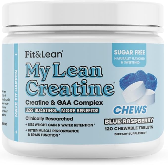 Fit &amp Lean Creatine for Women My Lean Creatine Chewable Tablets Creatine Monohydrate with GAA Muscle Performance Cognitive Function No Bloating Reduced Water Retention Blue Raspberry 30 Se
