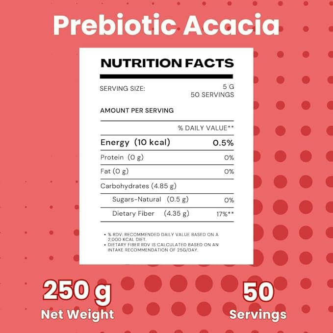 Acacia Fiber Powder - Prebiotic Fiber Supplement for Digestive Health &amp Gut Wellness - Vegan Gluten-Free Non-GMO - Supports Regularity Easy to Digest Dissolves Instantly (250g)