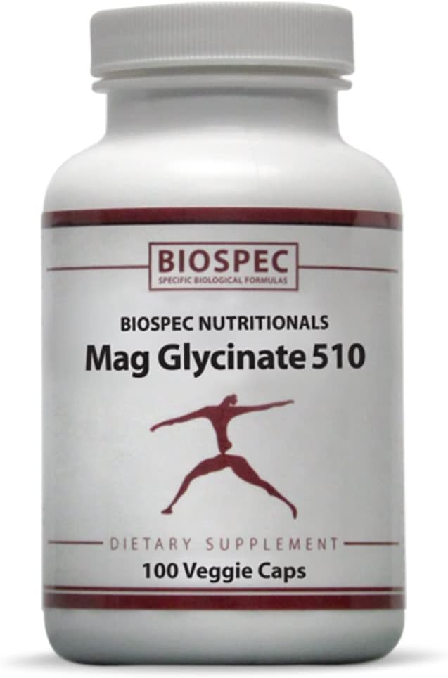 Biospec Nutritionals Mag Glycinate 510 – Magnesium Glycinate – Nutritional Supplement for Stress Heart Health Nerves Muscles Energy and Metabolism* - (100 Capsules)