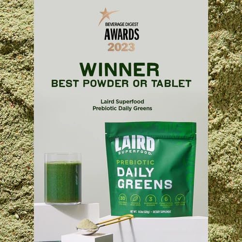 Laird Superfood Prebiotic Daily Greens Powder – Essential Vitamins &amp Minerals - Prebiotic Fiber Adaptogen and Fruits &amp Vegetables – Supports Gut Health – Non-GMO Vegan - 14.8 oz Bag Pack of