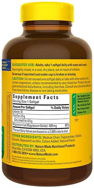 Nature Made Extra Strength Magnesium 400 mg. 180 Softgelsm Bundle with a Pill Oragnizer (2 Items)