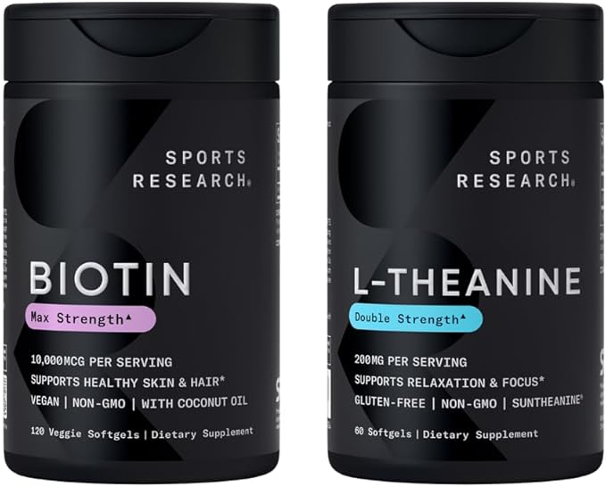 Sports Research Vegan Biotin 10000mcg with Coconut Oil Max Strength Vitamin B7 120 Softgels (4 Month Supply) and Double Strength L-Theanine Supplement for Focus Relaxation &amp Alertness 200mg 60 C