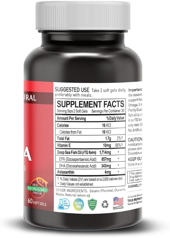 NANOWELL Red Omega-3 Fish Oil 1714mg Omega 3 Supplement with Astaxanthin Vitamin E EPA &amp DHA - 60 Softgels