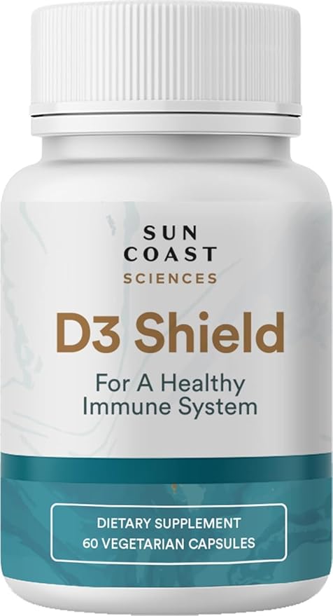 Sun Coast Science Sciences D3 Shield - Vitamin 5000 IU for Immune Support and Bone Health 60 Vegetarian Capsules K2 with 210mg Calcium Carbonate BioPerine Maximum Absorption