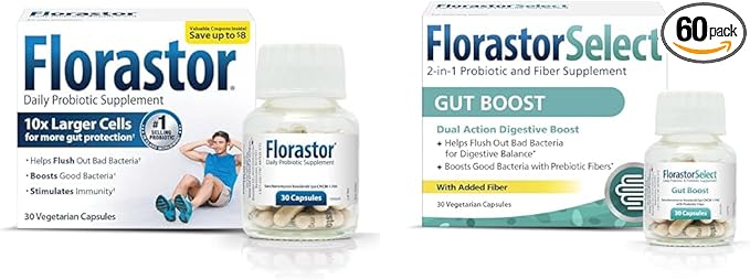 Florastor Probiotic Bundle for Digestion Gut Health – 30 ct. Probiotic for Digestive &amp Immune Health + 30 ct. Gut Boost Daily Probiotic &amp Prebiotic - Boost Good Bacteria &amp Flush Out The B