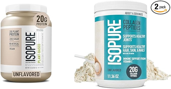 Bundle of Isopure Unflavored Organic Vegan Pea Protein Powder Dairy Free with Amino Acids 20 Servings + Isopure Collagen Peptides Powder 14 Servings Unflavored with Vitamin C with Biotin