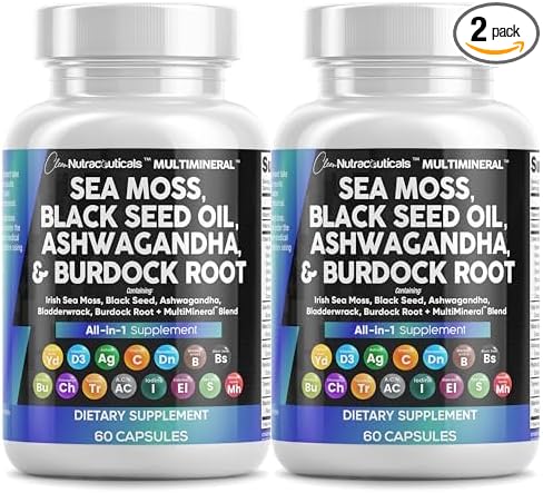 Clean Nutraceuticals Sea Moss Black Seed Oil Ashwagandha Turmeric Bladderwrack Burdock &amp Vitamin C Vitamin D3 with Elderberry Manuka Dandelion Yellow Dock Iodine Chlorophyll ACV - 2Pack