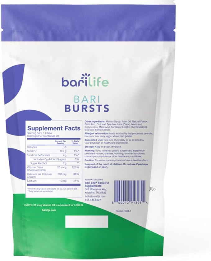 Calcium Citrate Bariatric Calcium Chews with 1000 IU Vitamin D3 - Ideal for Bariatric Patients - BariBurst by Bari Life (Sour Green Apple)