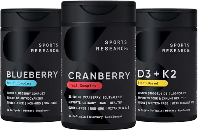 Sports Research Cranberry Fruit Complex Supplement with Pacran &amp Vitamins C &amp E Whole Fruit Blueberry Concentrate Made from Organic Blueberries and Plant Based Vitamin D3 + K2 with Coconut Oi