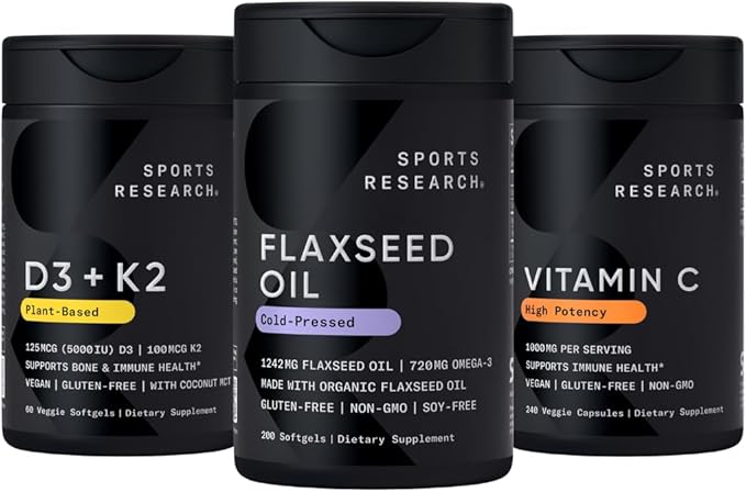 Sports Research® Vegan Multivitamins Pack - Cold-Pressed Flaxseed Oil w/ 720 mg Omega-3 + Vitamin D 5000iu &amp Mk7 Vitamin K 100mcg + High Potency Vitamin C 1000 mg Supplement