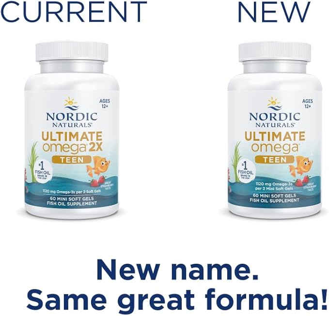 Nordic Naturals Ultimate Omega 2X Teen Strawberry - 60 Mini Soft Gels - 1120 mg Total Omega-3s with EPA &amp DHA - Brain Health Positive Mood Social Development Learning - Non-GMO - 30 Servings