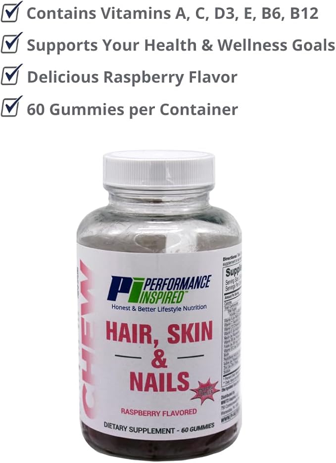 PERFORMANCE INSPIRED Hair Skin &amp Nails Gummies – 3000mcg Biotin 5mg Zinc – Supports Hair Growth Radiant Skin &amp Strong Nails – Raspberry Flavor – 60 Count