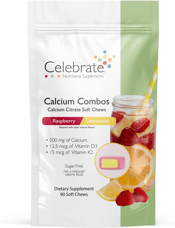 Celebrate Vitamins Bariatric 500mg Calcium Citrate Soft Chews Combo with 500 IU Vitamin D3 – Essential for Gastric Bypass Patients &amp Bone Health - Sugar &amp Gluten Free Rasperry Lemonade (90 Ch