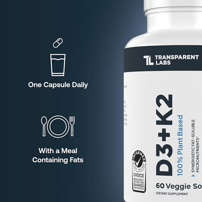 Transparent Labs Vitamin D3 K2 - Vitamin D &amp K2 Vitamin Supplement for Men &amp Women Vegan-Friendly D3K2 5000 IU Supplements to Support Bone Immune and Overall Health - K2 D3 60 Capsules