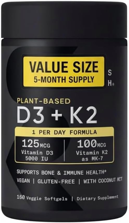Sports Vitamin D3 K2 with 5000iu of Plant-Based D3 &amp 100mcg of Vitamin K2 as MK-7 Non-GMO Verified &amp Vegan Certified - 160 Liquid Softgels - Pack1