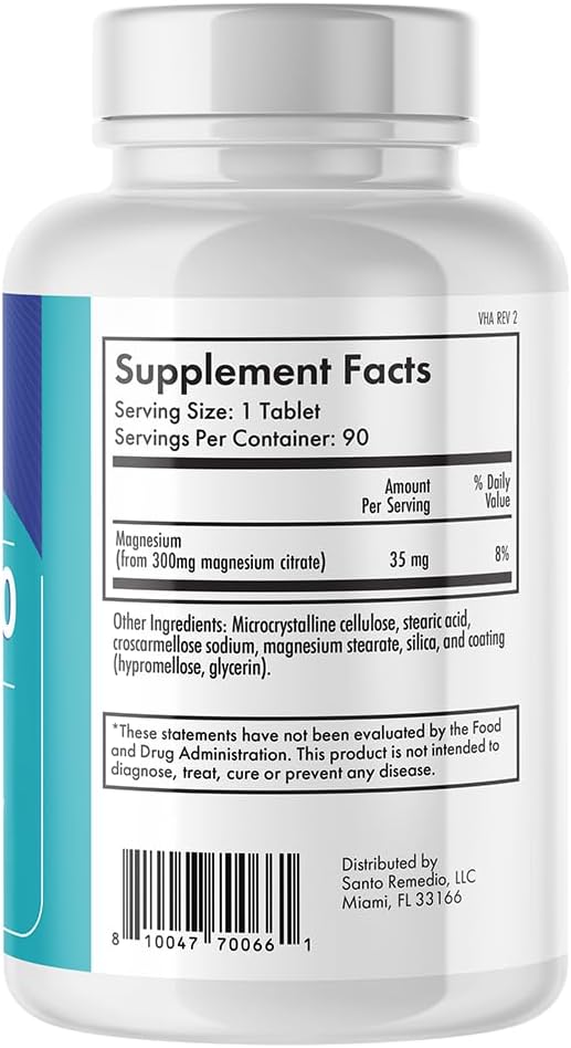 Santo Remedio Magnesium Supports Muscle Relaxation Dietary Supplement Magnesium Citrate 300 mg No Artificial Flavors No Artificial Colors 90 Tablets (90 Servings)