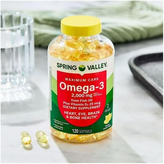 H4U Spring Valley Maximum Care Omega-3 from Fish Oil Dietary Supplement Softgels for Eye Brain Bone &amp Heart Health 2000 mg 120 Count