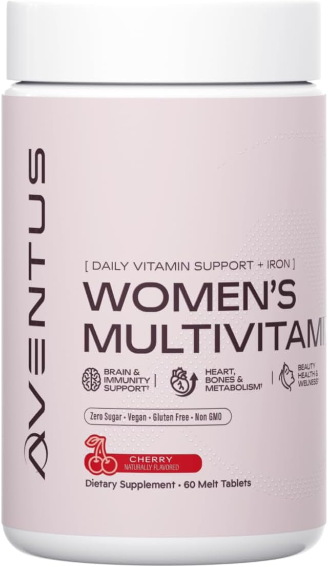 Aventus Women’s Multivitamin | Daily Vitamin Support with Iron | Beauty Health and Wellness | Brain Immunity Support | Cherry Flavored Melt Tablets | 60 ct 30 Servings