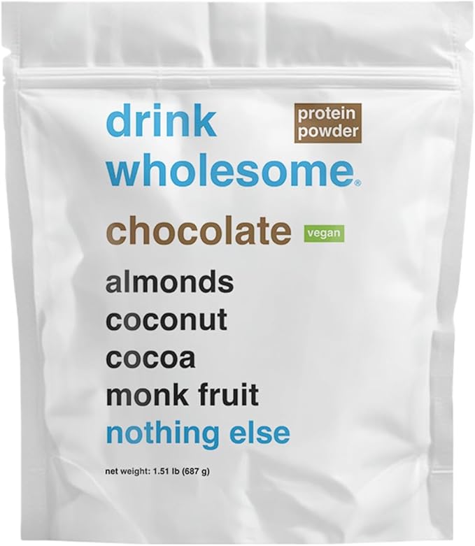 drink wholesome Vegan Chocolate Almond Protein Powder for Sensitive Stomachs | Minimally-Processed Whole-Food Protein | Additive-Free Dairy-Free Gluten-Free | Low Sodium