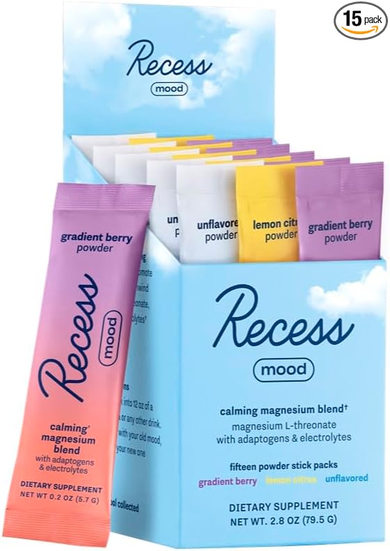 Recess Mood Powder Magnesium L-Threonate Blend with Passion Flower L-Theanine Electrolytes Magnesium Calm Support Powder Supplement -Sampler Pack Pack of 15