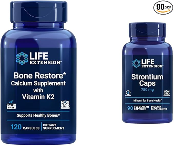 Life Extension Bone Restore + Vitamin K2 Vitamins &amp Minerals Maintain Bone Health &amp Strength &amp Strontium Caps 750 mg - Bone Health Supplement