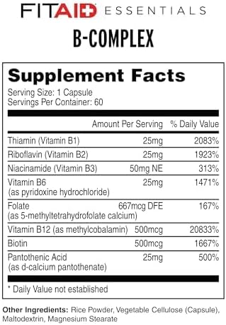 FITAID B-Complex Capsules Methylated B Vitamins (B1 B2 B3 B6 B12 Folate Biotin) for Weightlifting Running Cycling Energy Metabolism 2 Month Supply 60 Count Veggie Capsules