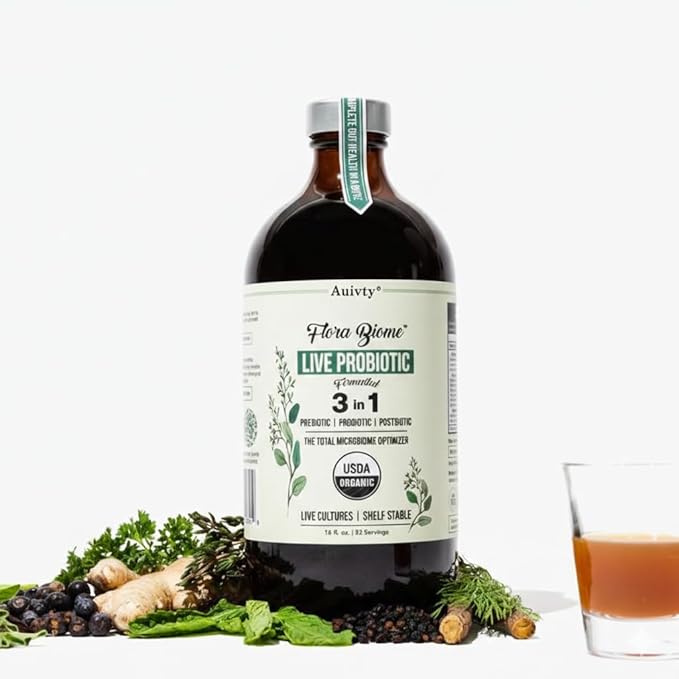 Flora Biome Live Probiotic Liquid 3-in-1 Probiotic + Prebiotic + Postbiotic 30 Billion CFU (at Time of Manufacture) 10 Strains Fermented Herbal Blend with 18 Herbs Shelf Stable 16 fl oz