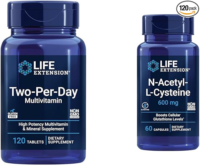 Life Extension Two-Per-Day High Potency Multi-Vitamin &amp Mineral Supplement &amp N-Acetyl-L-Cysteine (NAC) Immune Respiratory Liver Health NAC 600 mg