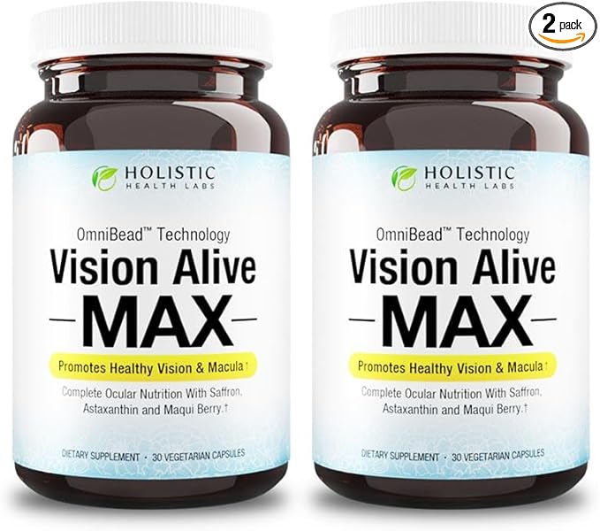 Holistic Health Labs Vision Alive Max with 8 Natural Ingredients Lutemax® 2020 Bilberries Blueberries c3g from Black Currant Maqui Berry Saffron and Astaxanthin (30 Count (Pack of 2))