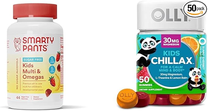 SmartyPants Kids Multivitamin Gummies Sugar Free: Omega 3 (ALA) &amp OLLY Kids Chillax Magnesium Gummies Plus L-Theanine Lemon Balm Calm Chews for Kids 4+ Sherbet Flavor - 50 Count (Pack of 1)