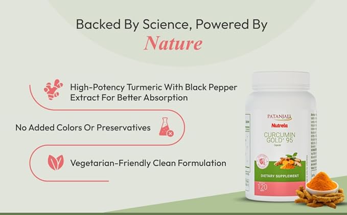 patanjali Nutrela Curcumin Gold+ with Salai Guggul &amp Black Pepper | 95% Curcuminoids Turmeric Supplement | High-Strength Joint &amp Inflammation Support | 120 Vegetarian Capsules