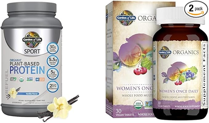Garden of Life Organic Vegan Sport Protein Powder &amp Once Daily Women's Multi - Probiotics BCAAs Antioxidants 30g Plant Protein Vitamins A C D3 K B6 B12 Non GMO