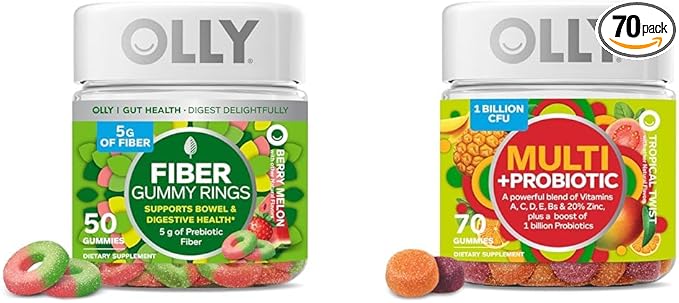 OLLY Fiber Gummy Rings 5g Prebiotic Fiber FOS (Fructo-oligosaccharides) &amp Multi + Probiotic Adult Multivitamin Gummy 1 Billion CFUs Digestive and Immune Support C