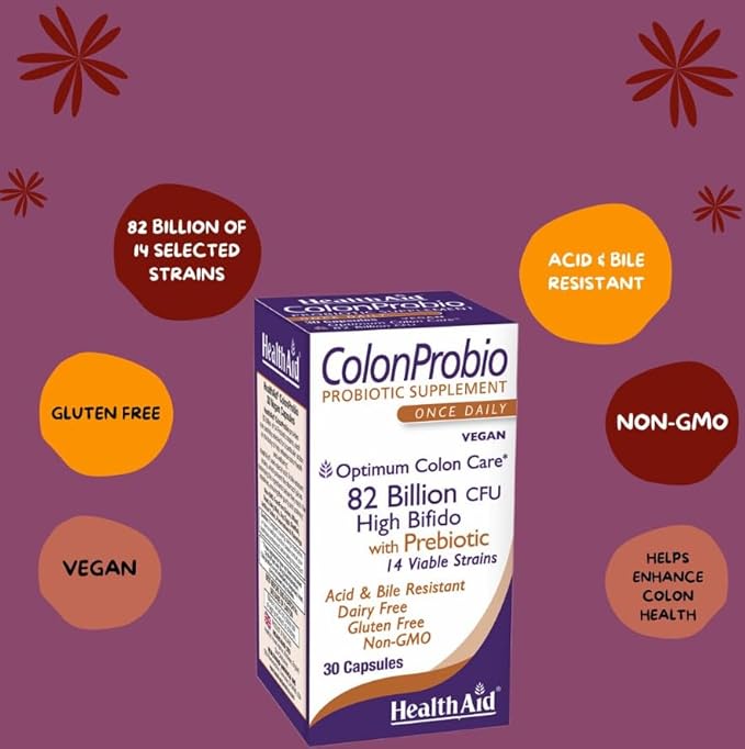 HealthAid ColonProbio 82 Billion with Prebiotic 14 Strains Once Daily 60ct Optimum Colon Care Acid &amp Bile Resistant Dairy Free Gluten Free Non-GMO High Bifido