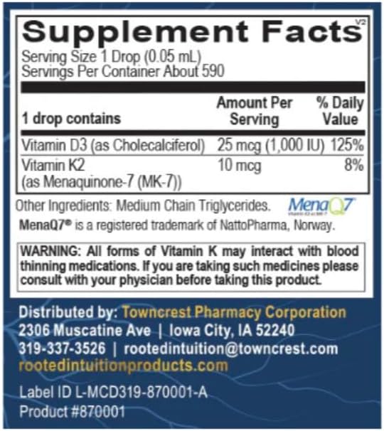 Vitamin D3 + K2 Drops | 1000 IU D3 with 10 mcg MK-7 MenaQ7 for Bone Heart &amp Immune Support | Adjustable Liquid Formula | 1 fl oz