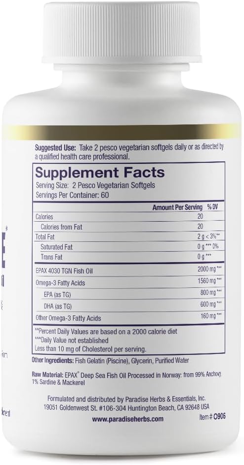 Paradise Herbs Omega-Sure Omega-3 Concentrate Premium Fish Oil DHA EPA Vegan Non GMO Gluten Free 120 Count Vegetarian Softgels