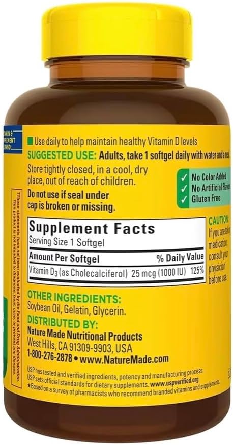 Vitamin D3 25mcg (1000 IU) | 650 Softgels – 22 Month Supply | Supports Bone Teeth Muscle &amp Immune System | Gluten Free | Easy to Swallow Supplement | Made for a Healthy Connection with Nature