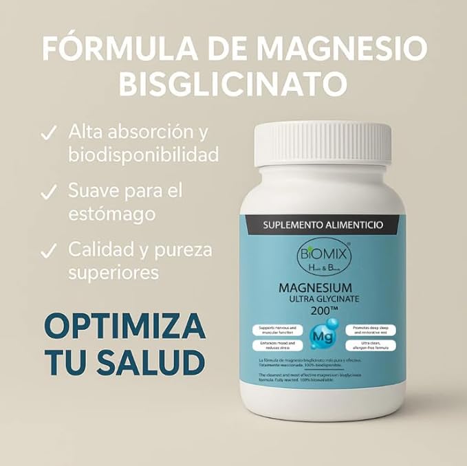 Biomix Magnesium Ultra Glycinate 200 – 200 mg Elemental Magnesium per Capsule – 90 Vegan DRcaps 45–90 Day Supply – Highly Bioavailable Gentle on Stomach No Oxide Gluten Free Non-GMO