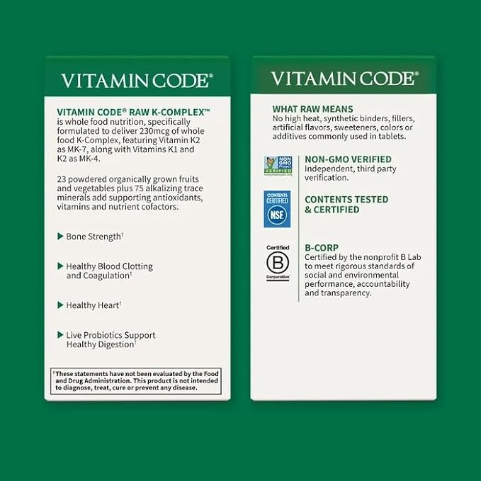 Garden of Life Vitamin K2 and K1 Vitamin Code Vegan K Complex Vitamin for Bone Strength and Heart Health Omega Rich Flax Seed Oil Trace Minerals Probiotics 60 Day Supply