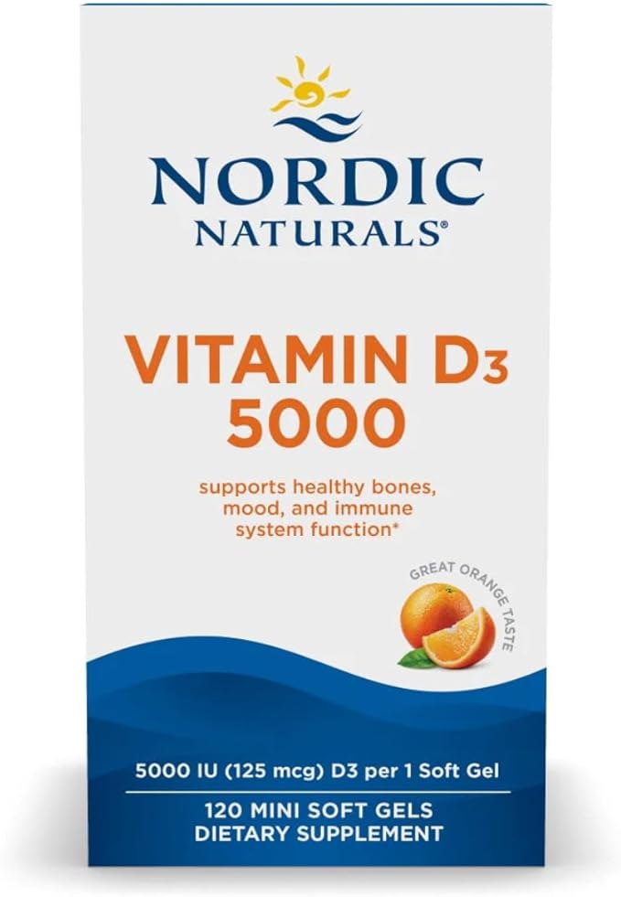 Nordic Naturals Vitamin D3 5000 Orange - 120 Mini Soft Gels - 5000 IU Vitamin D3 - Supports Healthy Bones Mood &amp Immune System Function - Non-GMO - 120 Servings