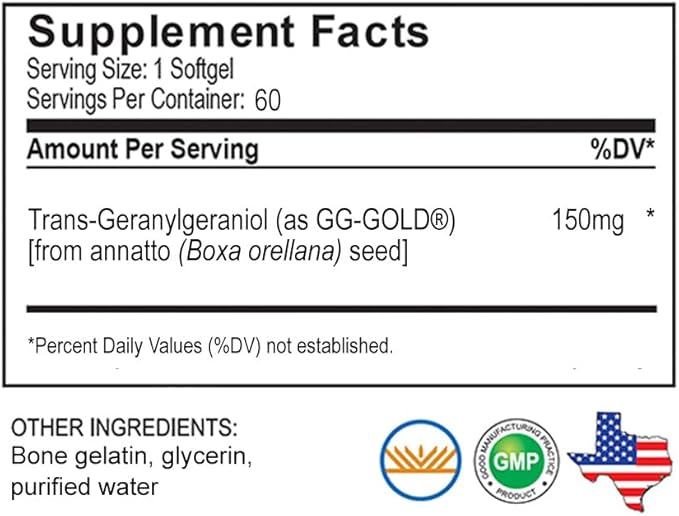 UNIQUE E A.C. Grace Company GG-Gold - 150mg Geranylgeraniol Supplement - Premium Annatto-Derived GG for Statin Users Cellular Energy Muscle &amp Bone Health - 60 Softgels